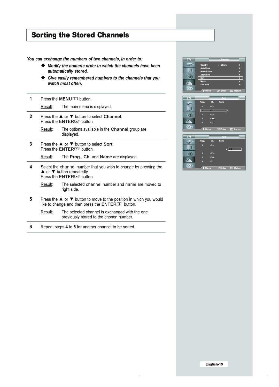 Samsung LE23R41B manual Sorting the Stored Channels 