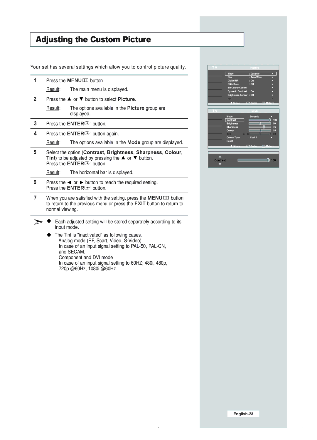 Samsung LE23R41B manual Adjusting the Custom Picture 