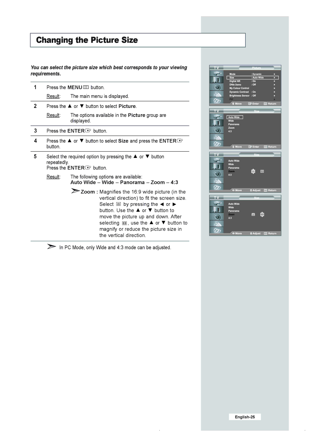 Samsung LE23R41B manual Changing the Picture Size, Auto Wide Wide Panorama Zoom 