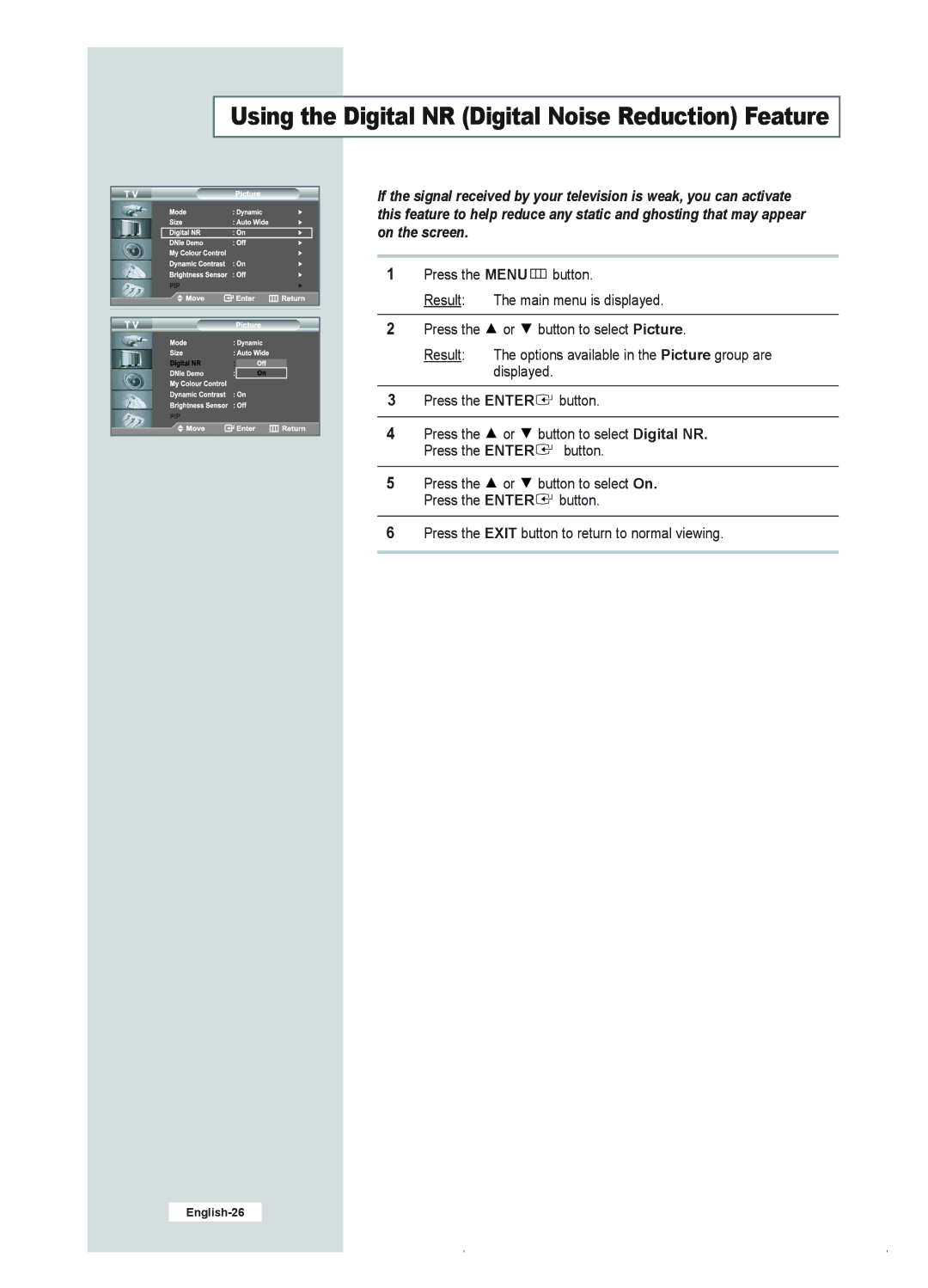 Samsung LE23R41B manual Using the Digital NR Digital Noise Reduction Feature 