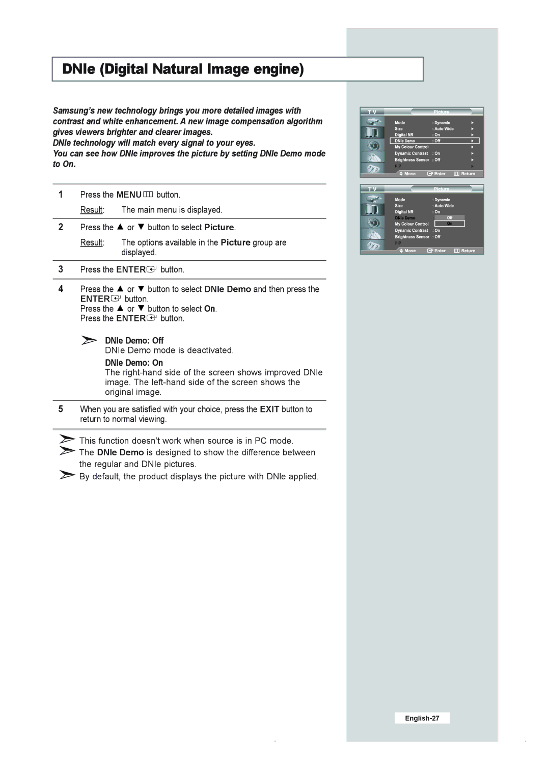 Samsung LE23R41B manual DNIe Digital Natural Image engine, DNIe Demo Off, DNIe Demo On 