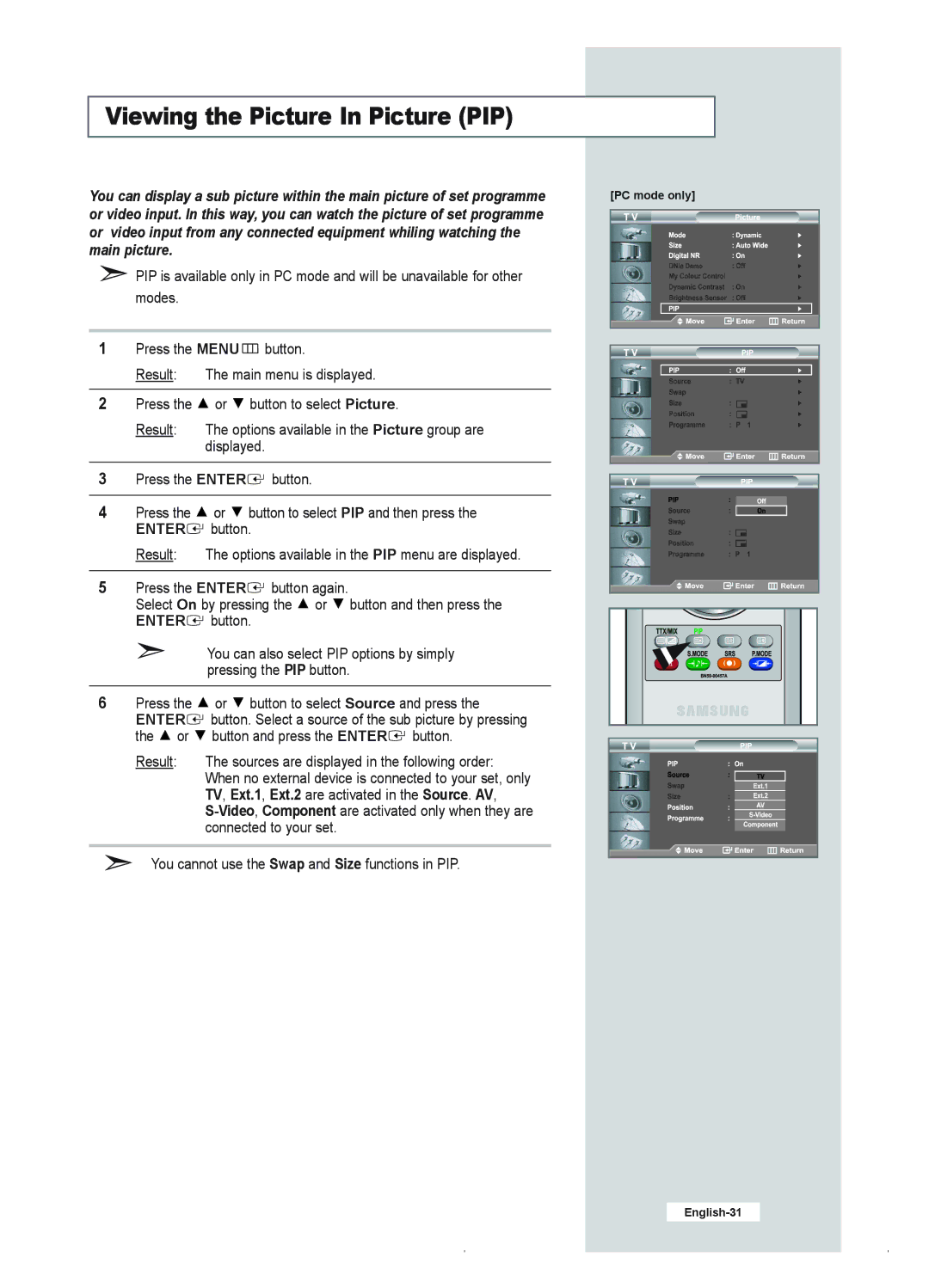 Samsung LE23R41B manual Viewing the Picture In Picture PIP 