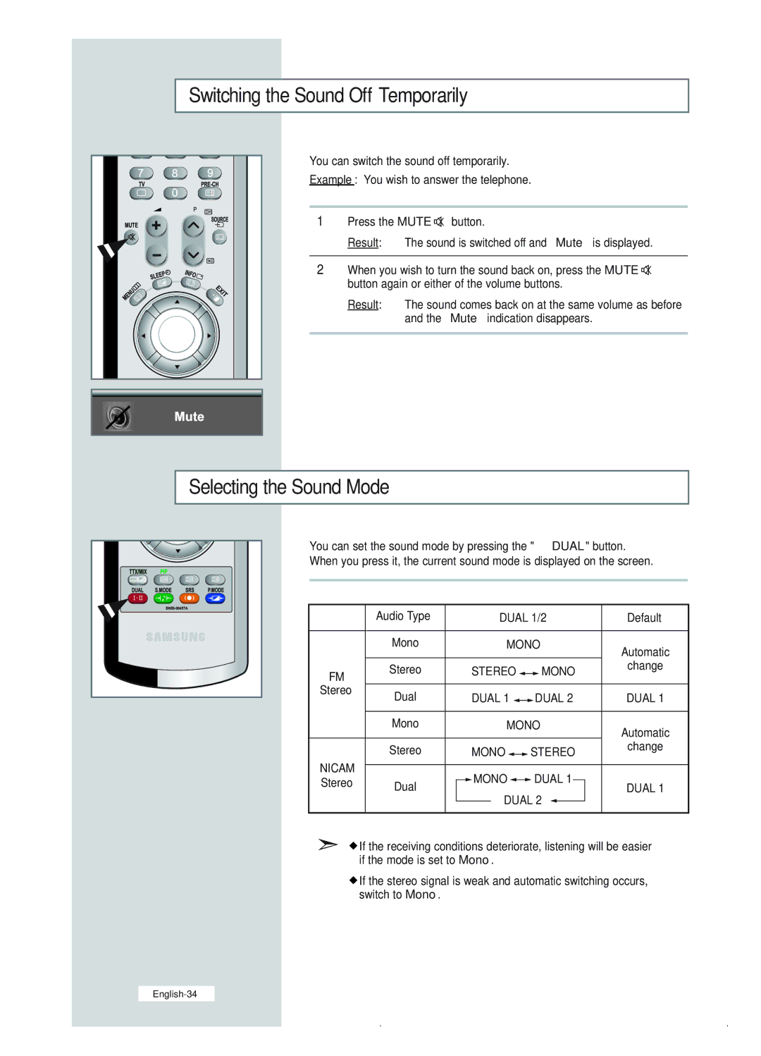 Samsung LE23R41B manual Switching the Sound Off Temporarily, Selecting the Sound Mode, Audio Type Dual 1/2 Default, Change 