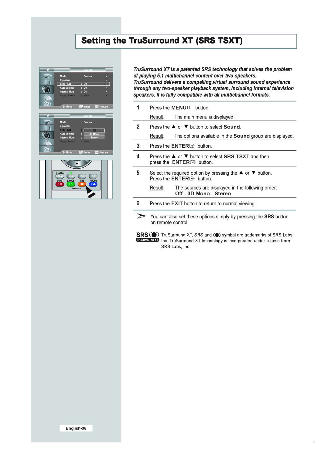 Samsung LE23R41B manual Setting the TruSurround XT SRS Tsxt, Off 3D Mono Stereo 