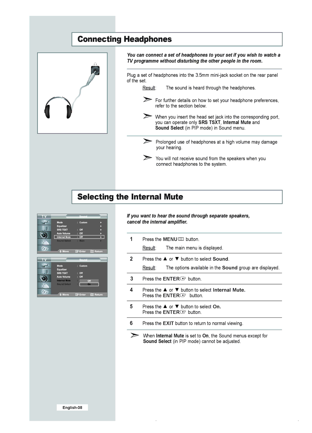 Samsung LE23R41B manual Connecting Headphones, Selecting the Internal Mute 