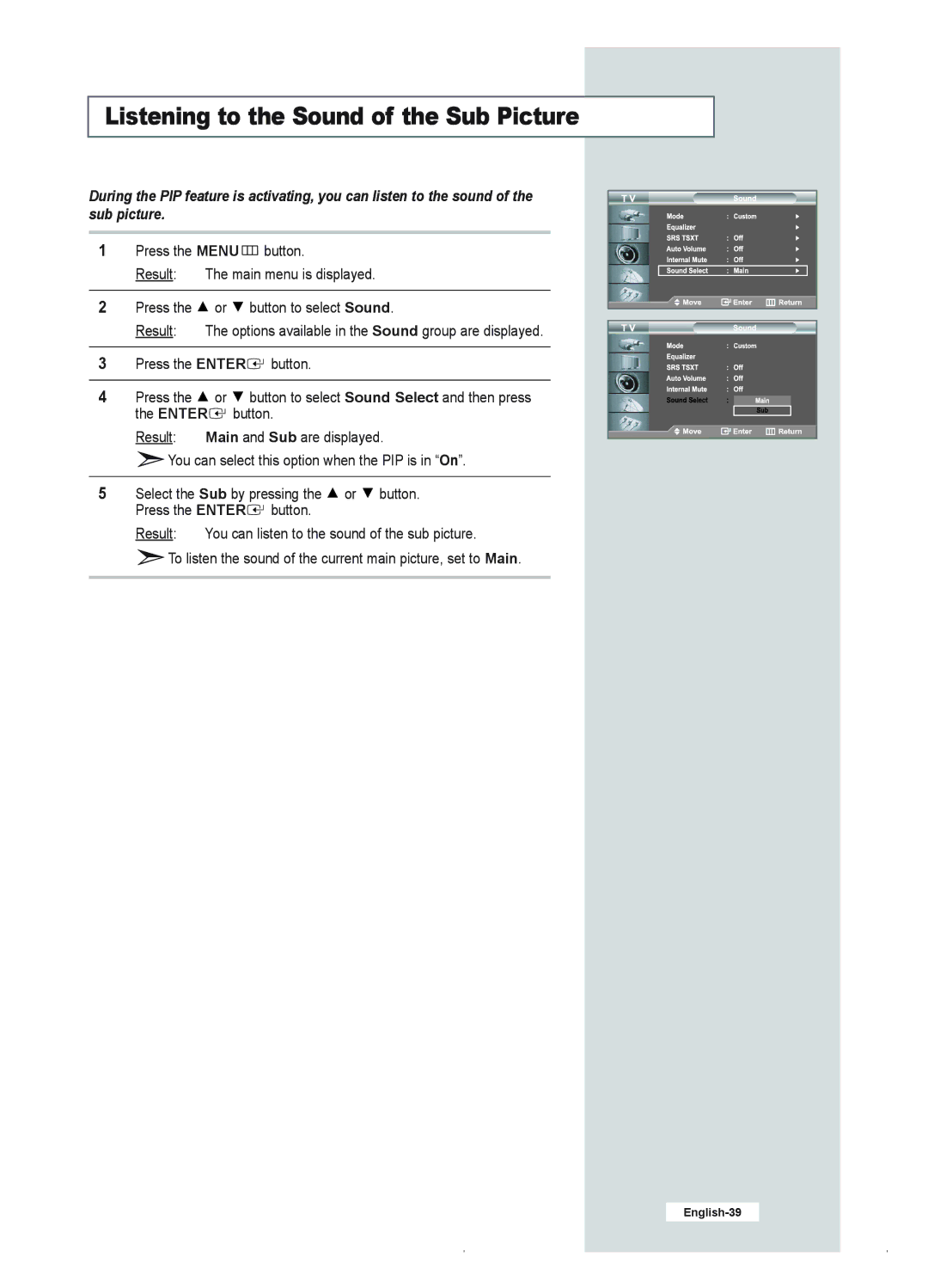 Samsung LE23R41B manual Listening to the Sound of the Sub Picture 