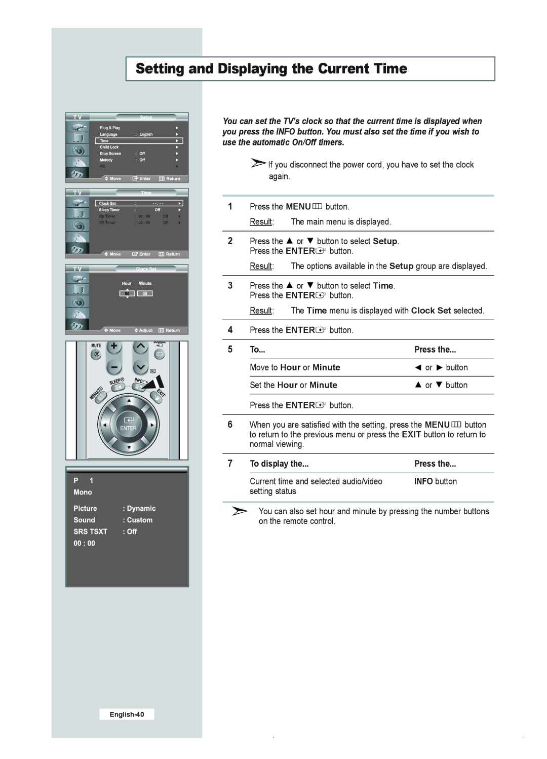 Samsung LE23R41B manual Setting and Displaying the Current Time, To display 