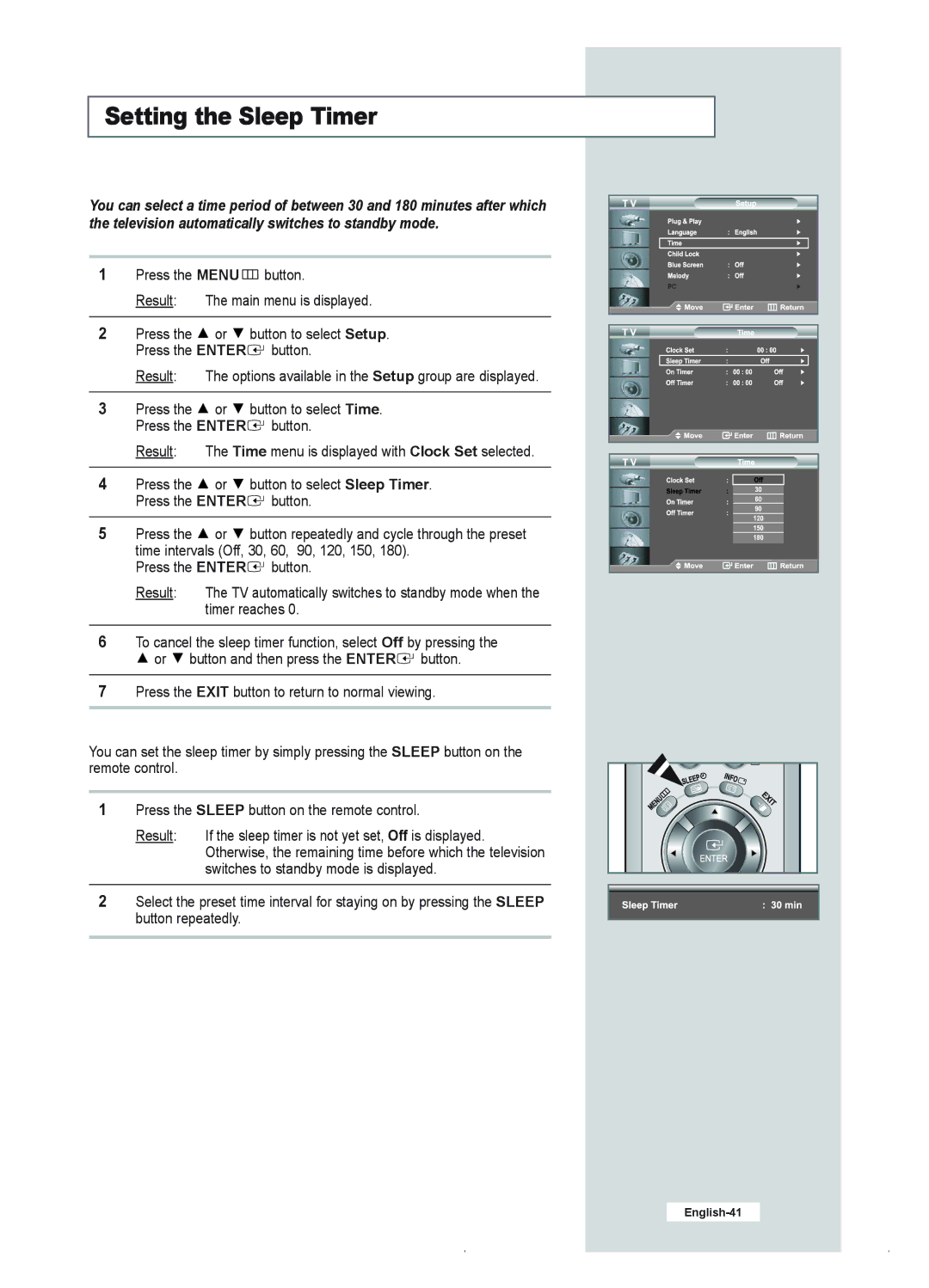 Samsung LE23R41B manual Setting the Sleep Timer 