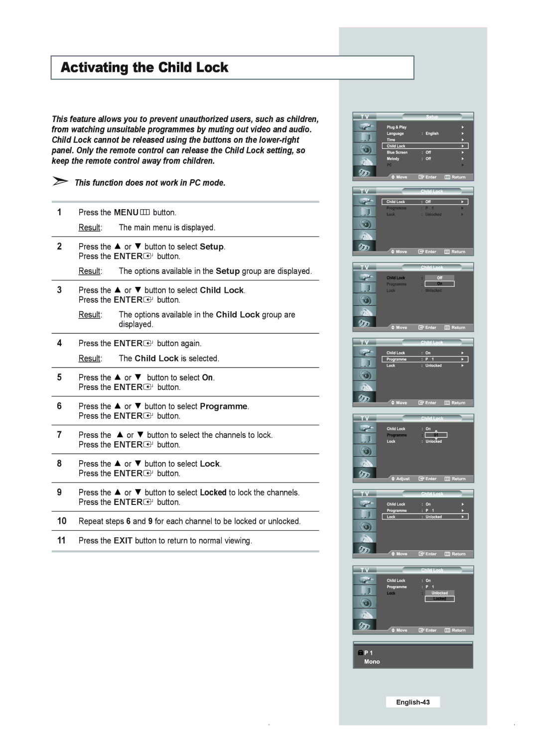 Samsung LE23R41B manual Activating the Child Lock 