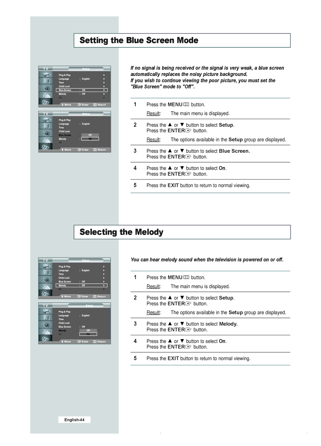 Samsung LE23R41B manual Setting the Blue Screen Mode, Selecting the Melody 