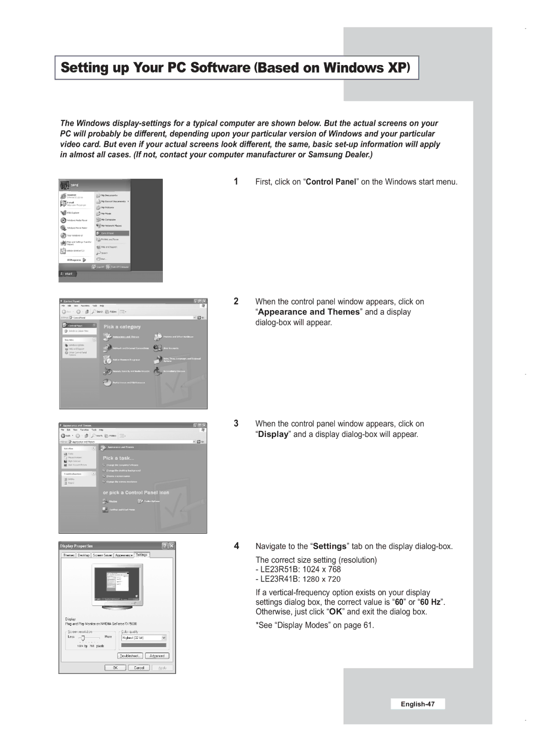 Samsung LE23R41B manual Setting up Your PC Software Based on Windows XP 