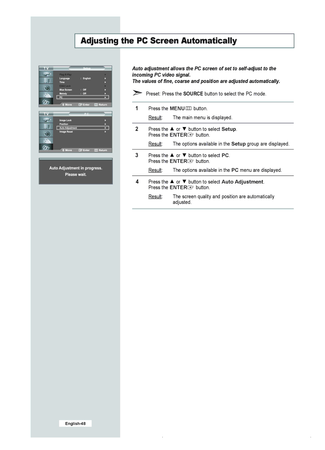 Samsung LE23R41B manual Adjusting the PC Screen Automatically 