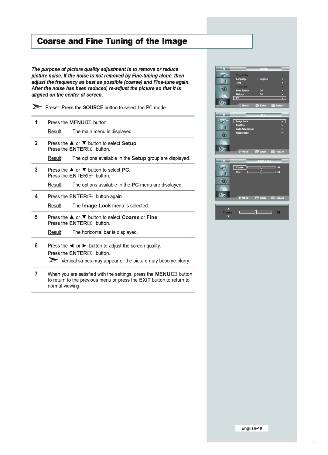 Samsung LE23R41B manual Coarse and Fine Tuning of the Image 