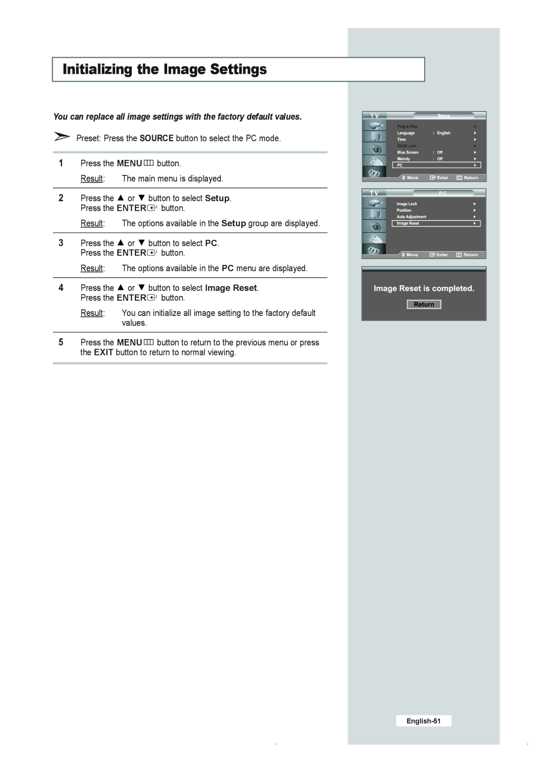 Samsung LE23R41B manual Initializing the Image Settings 