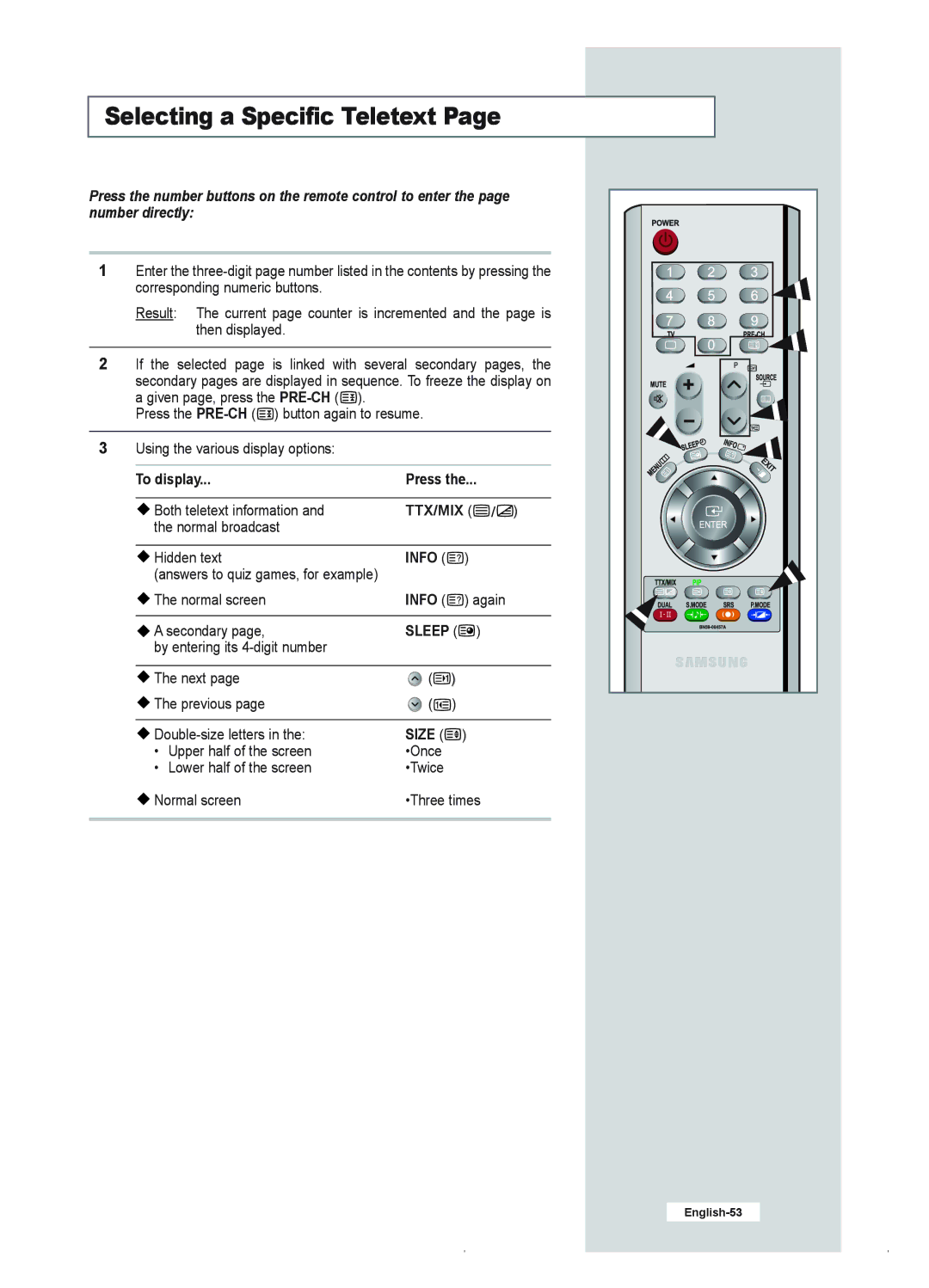 Samsung LE23R41B manual Selecting a Specific Teletext, To display Press 