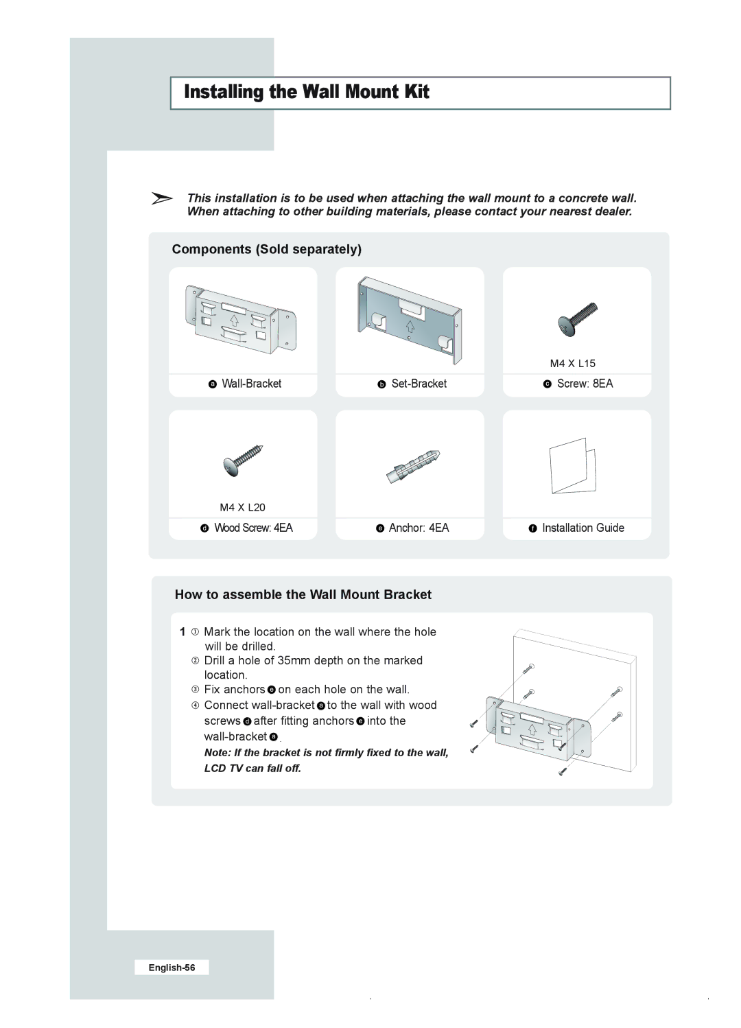 Samsung LE23R41B manual Installing the Wall Mount Kit, Components Sold separately 