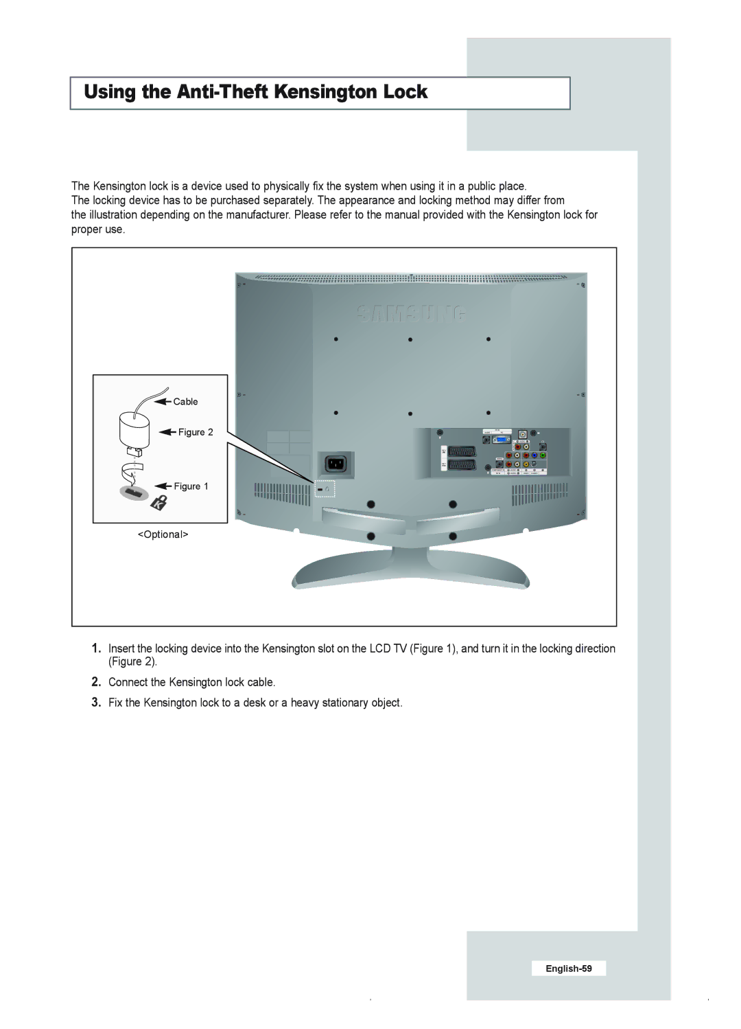 Samsung LE23R41B manual Using the Anti-Theft Kensington Lock 