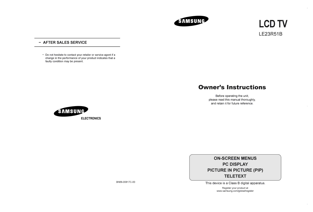 Samsung LE23R51B manual Lcd Tv 