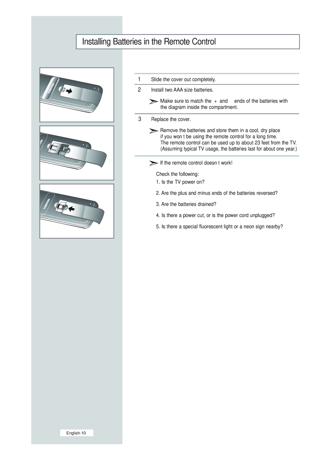 Samsung LE23R51B manual Installing Batteries in the Remote Control 