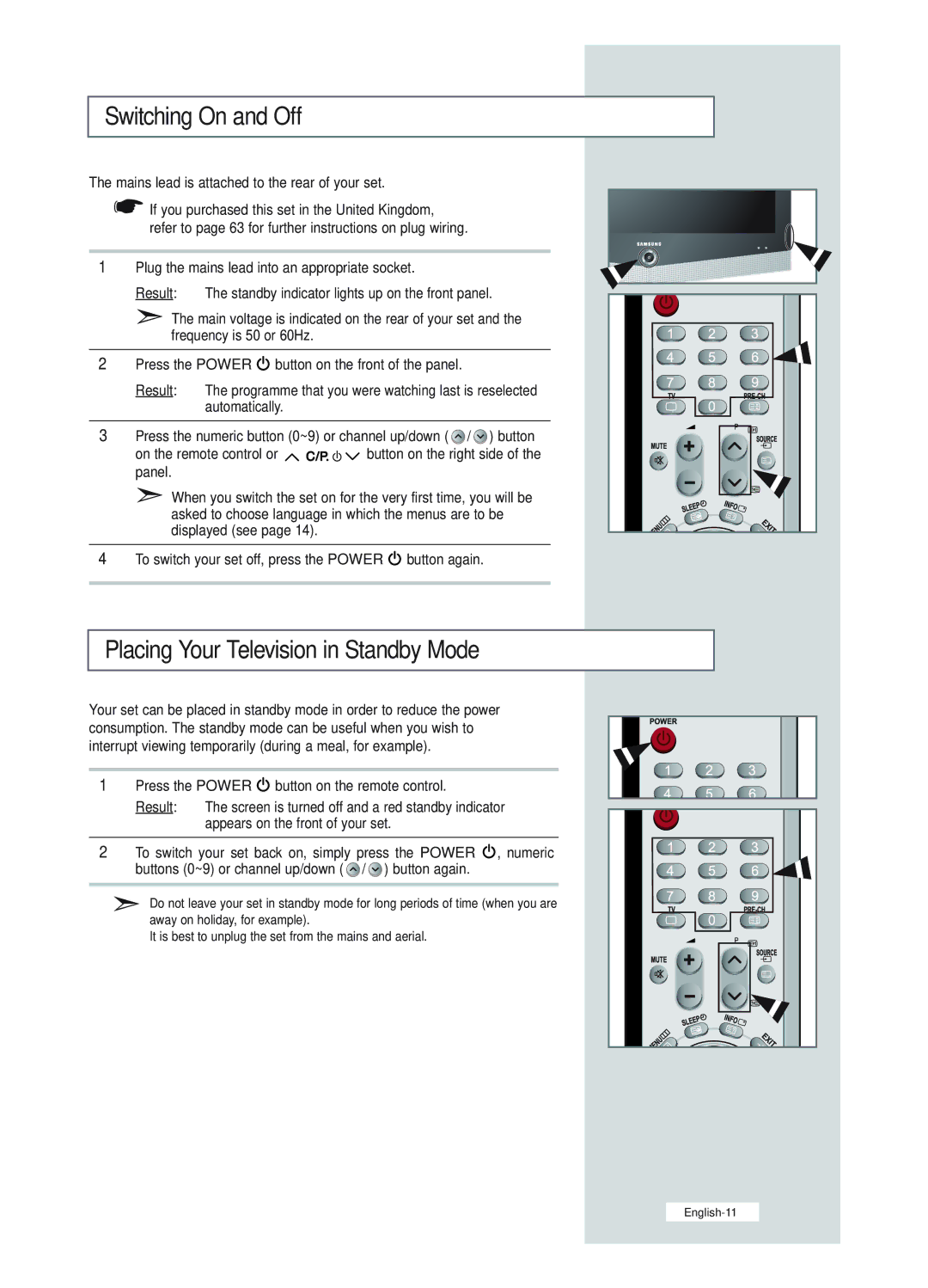 Samsung LE23R51B manual Switching On and Off, Placing Your Television in Standby Mode 