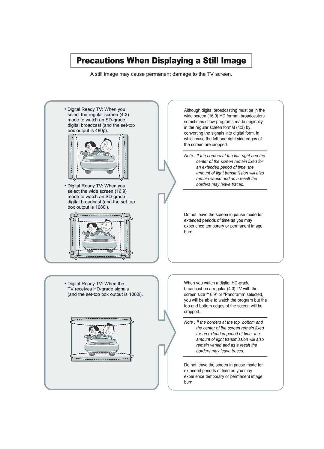 Samsung LE23R51B manual Precautions When Displaying a Still Image, Still image may cause permanent damage to the TV screen 