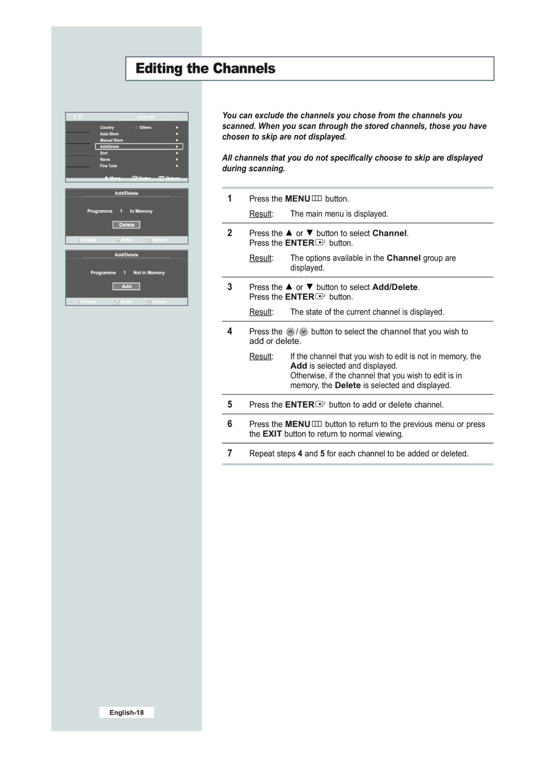 Samsung LE23R51B manual Editing the Channels 