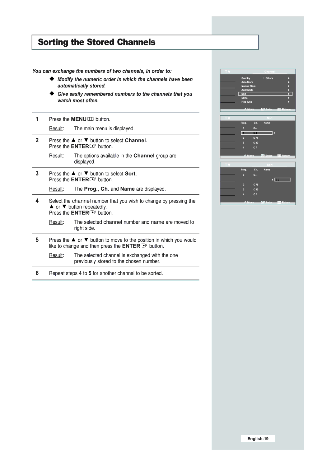 Samsung LE23R51B manual Sorting the Stored Channels 