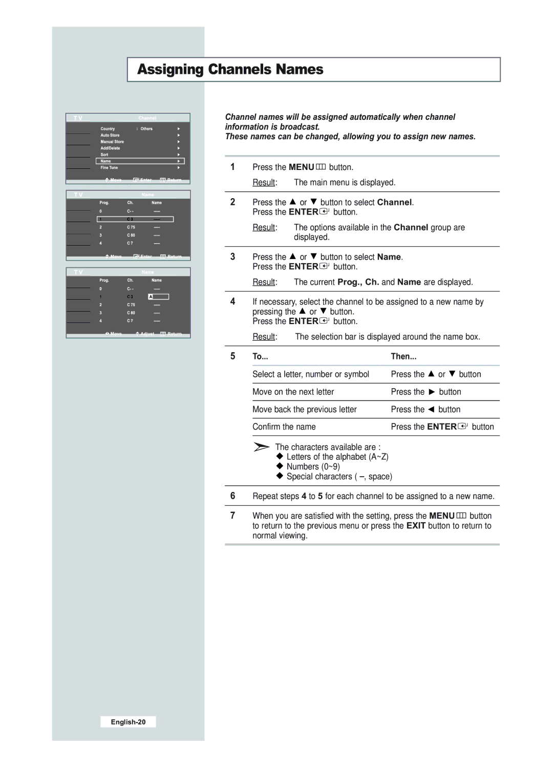 Samsung LE23R51B manual Assigning Channels Names, Then 