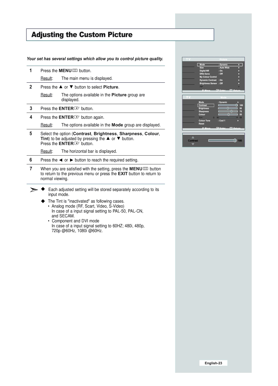 Samsung LE23R51B manual Adjusting the Custom Picture 