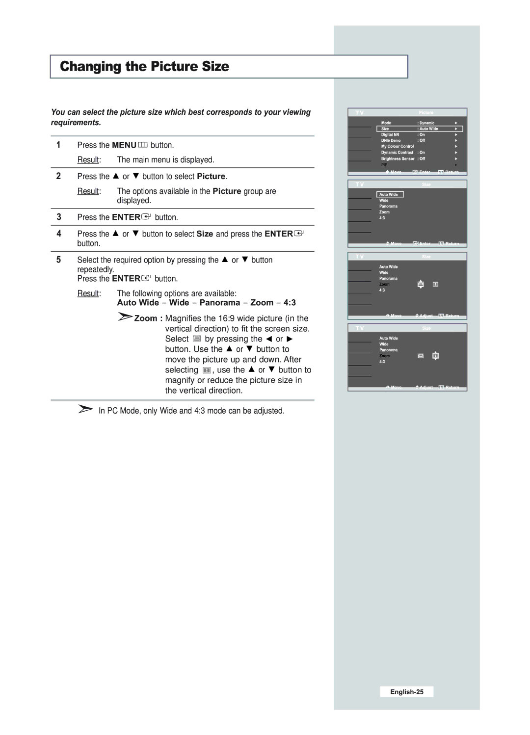 Samsung LE23R51B manual Changing the Picture Size, Auto Wide Wide Panorama Zoom 