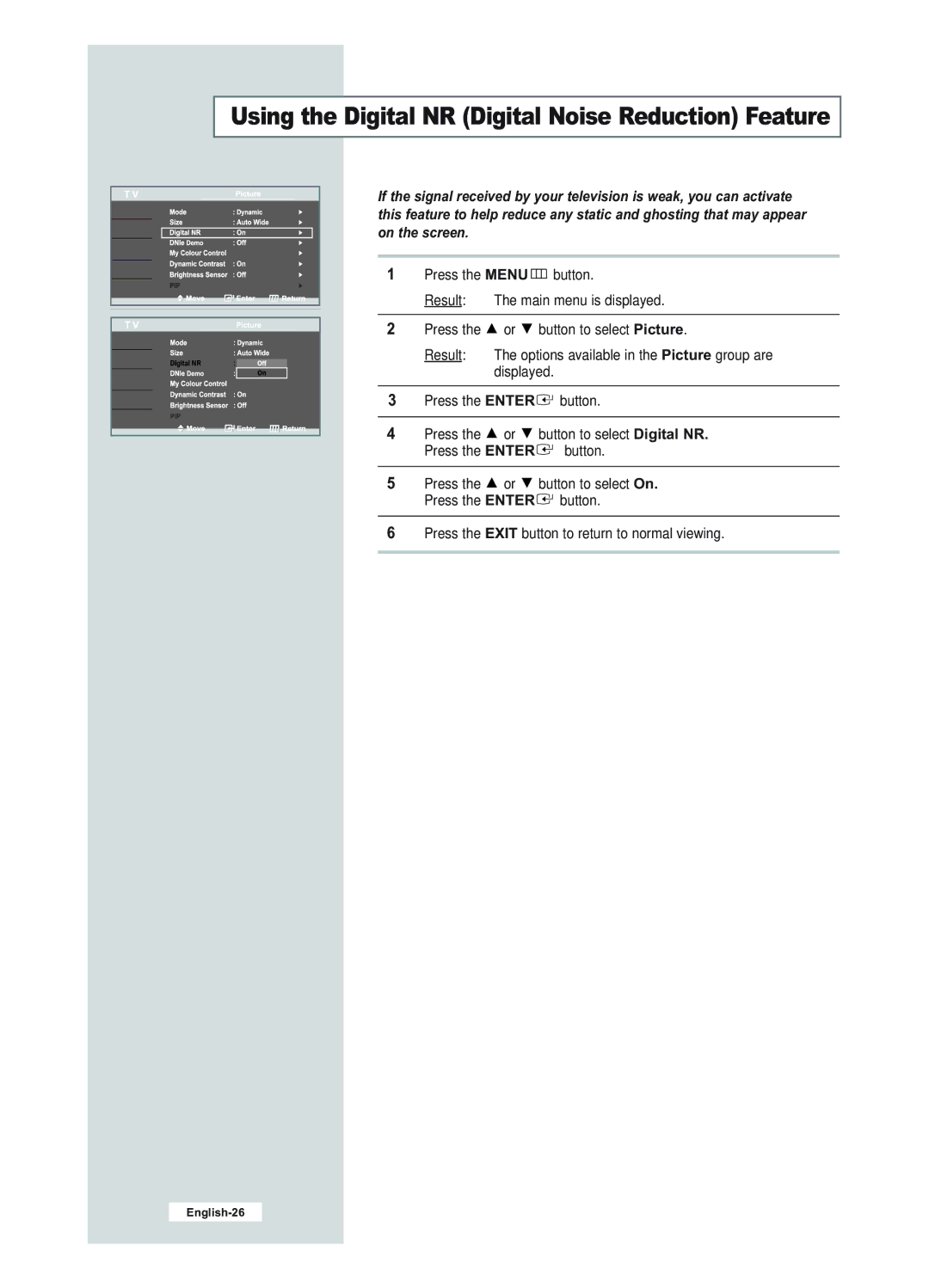 Samsung LE23R51B manual Using the Digital NR Digital Noise Reduction Feature 