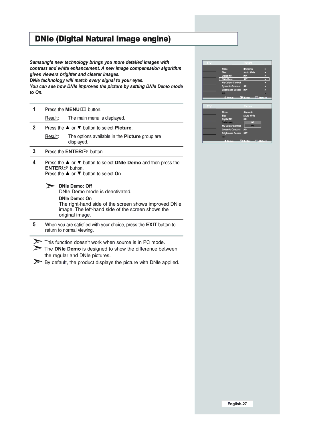 Samsung LE23R51B manual DNIe Digital Natural Image engine, DNIe Demo Off, DNIe Demo On 