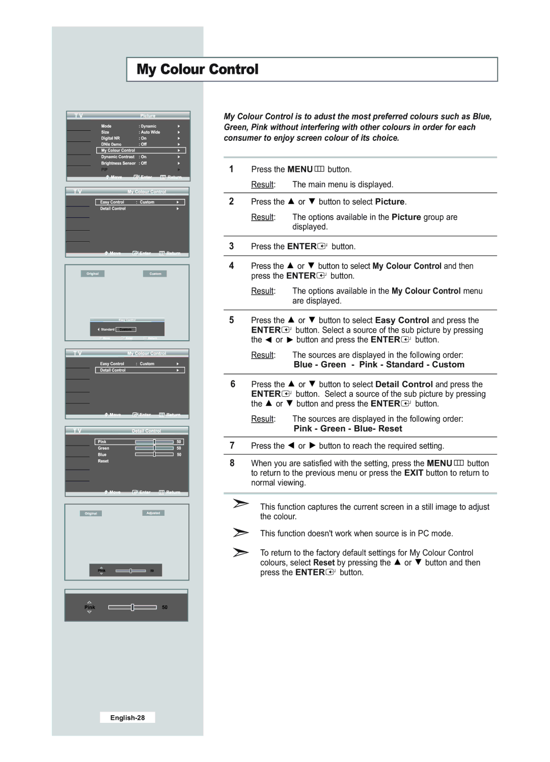 Samsung LE23R51B manual My Colour Control, Blue Green Pink Standard Custom, Pink Green Blue- Reset 