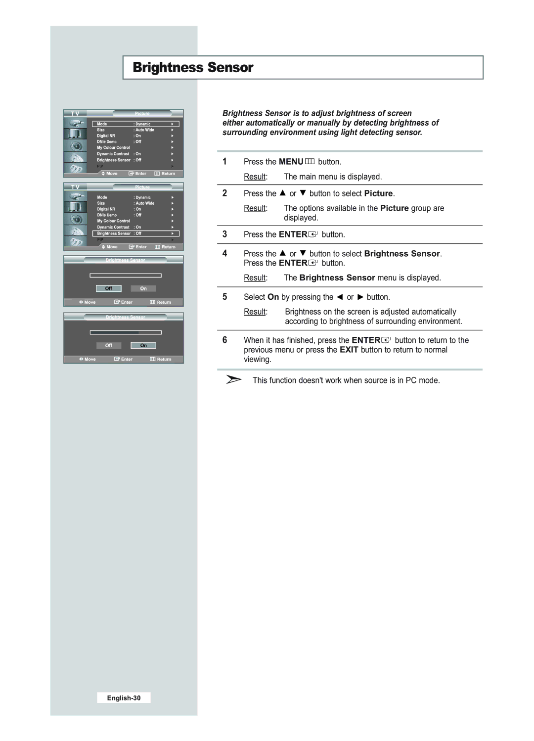 Samsung LE23R51B manual Brightness Sensor is to adjust brightness of screen 