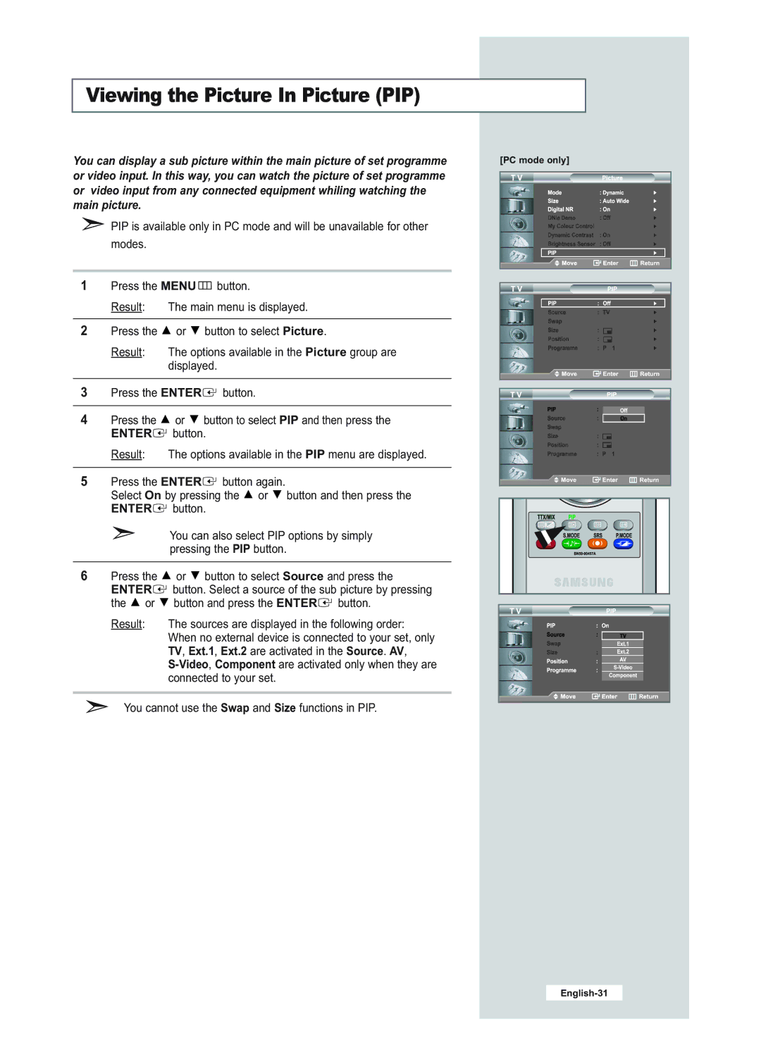 Samsung LE23R51B manual Viewing the Picture In Picture PIP 