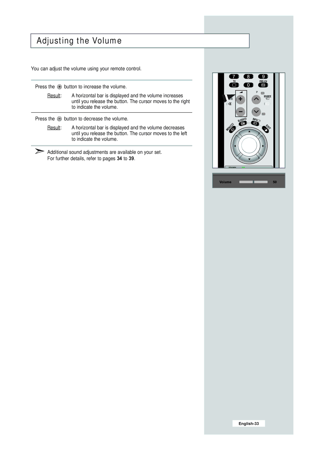 Samsung LE23R51B manual Adjusting the Volume, You can adjust the volume using your remote control 