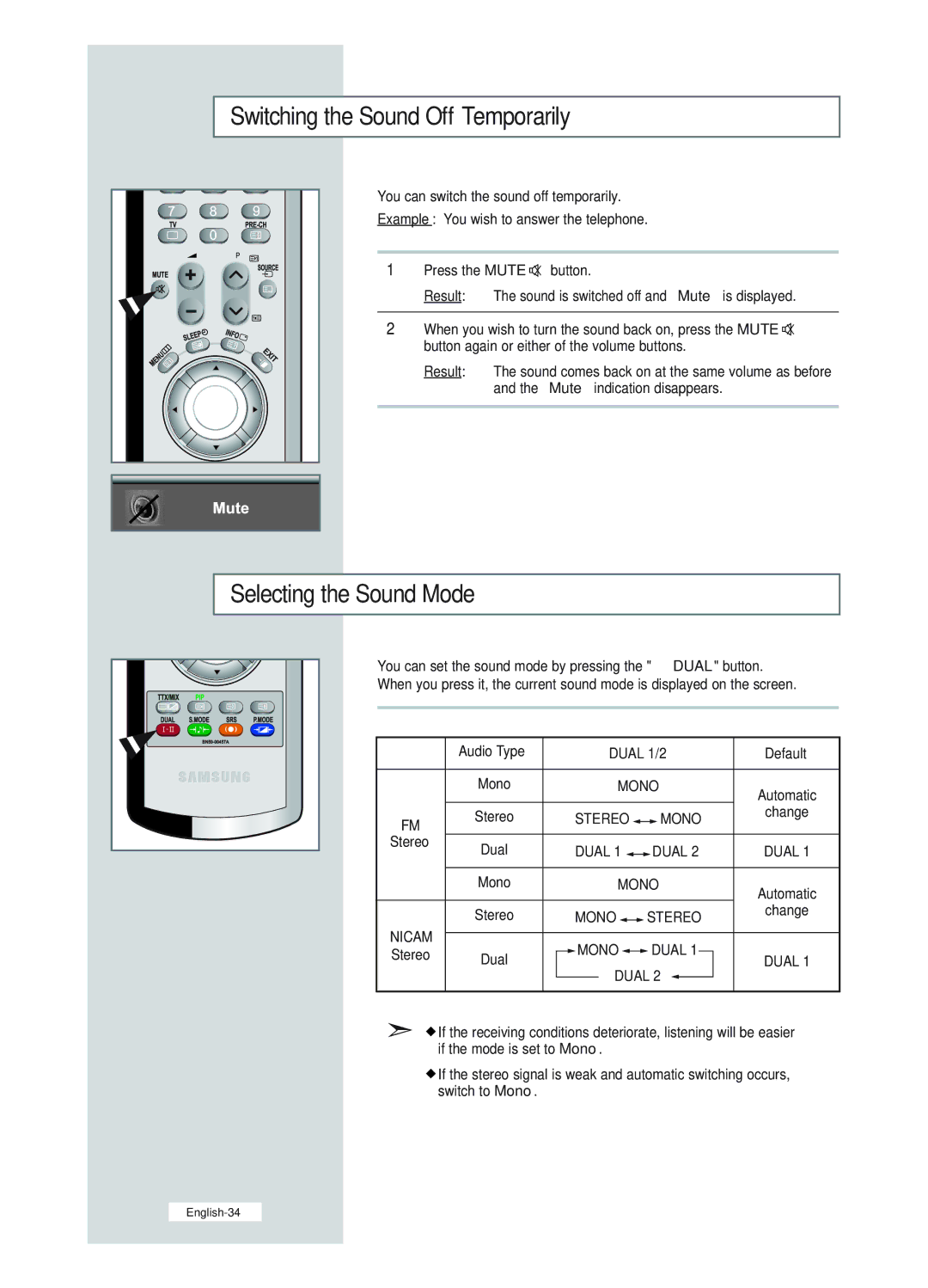 Samsung LE23R51B manual Switching the Sound Off Temporarily, Selecting the Sound Mode 