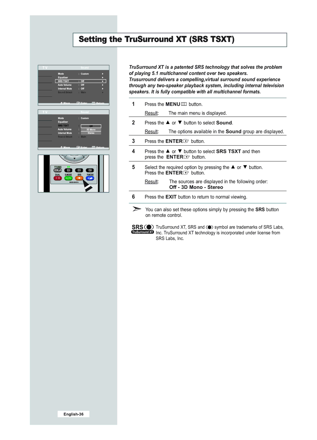 Samsung LE23R51B manual Setting the TruSurround XT SRS Tsxt, Off 3D Mono Stereo 