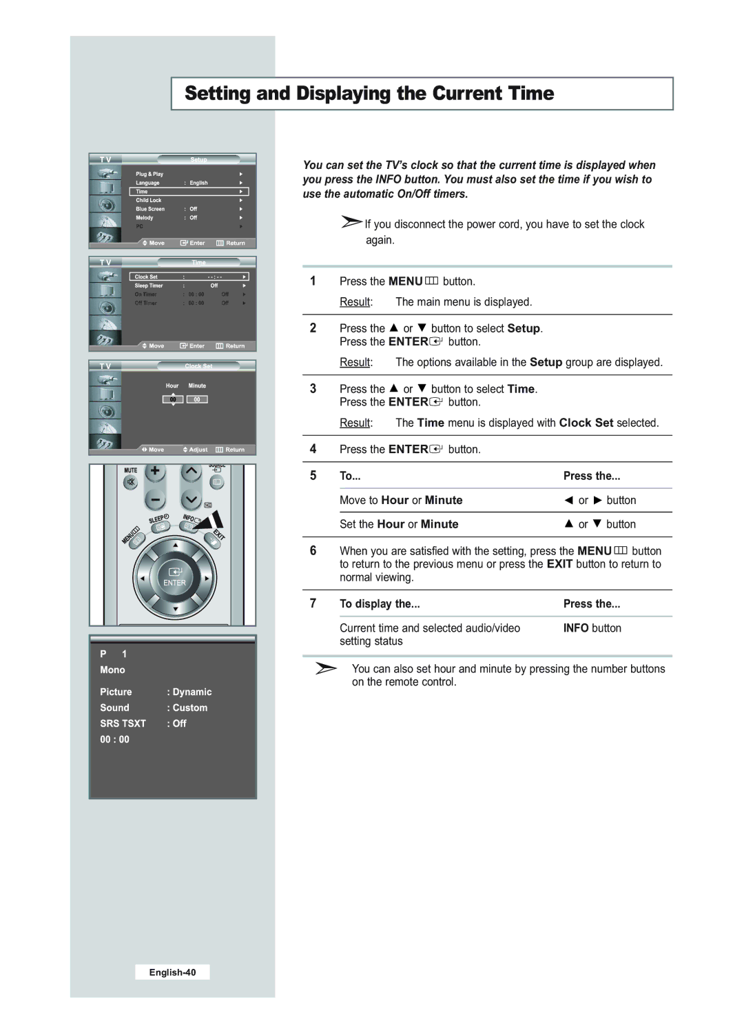 Samsung LE23R51B manual Setting and Displaying the Current Time, To display 