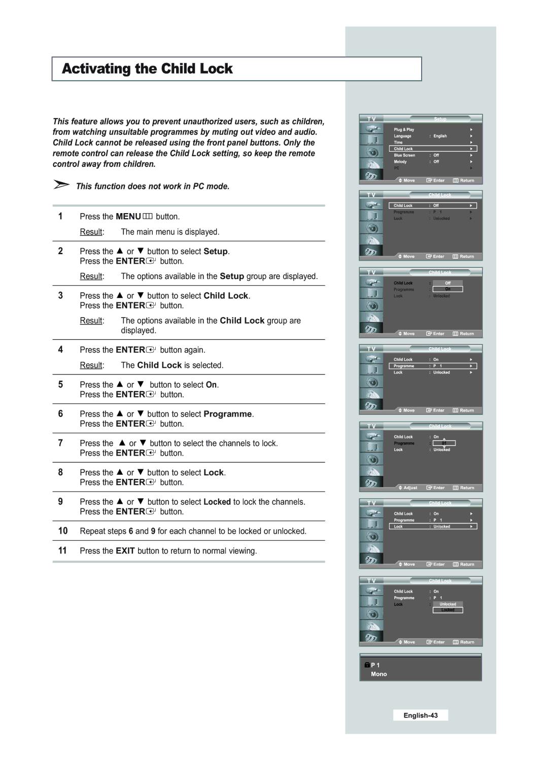 Samsung LE23R51B manual Activating the Child Lock 