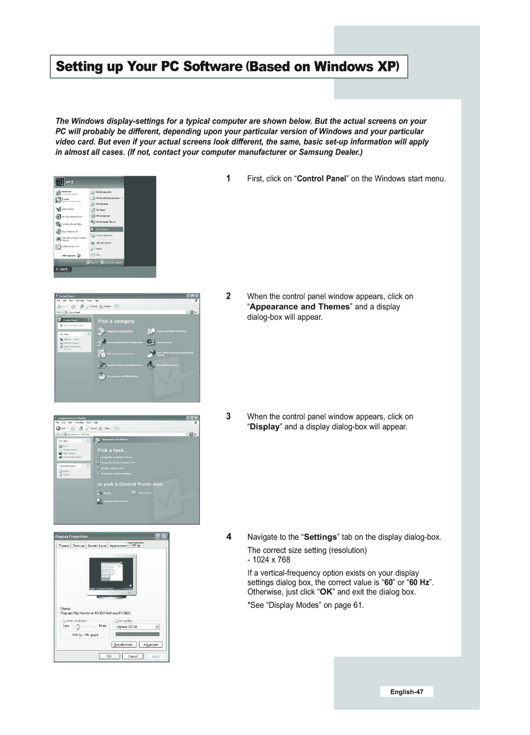 Samsung LE23R51B manual Setting up Your PC Software Based on Windows XP 