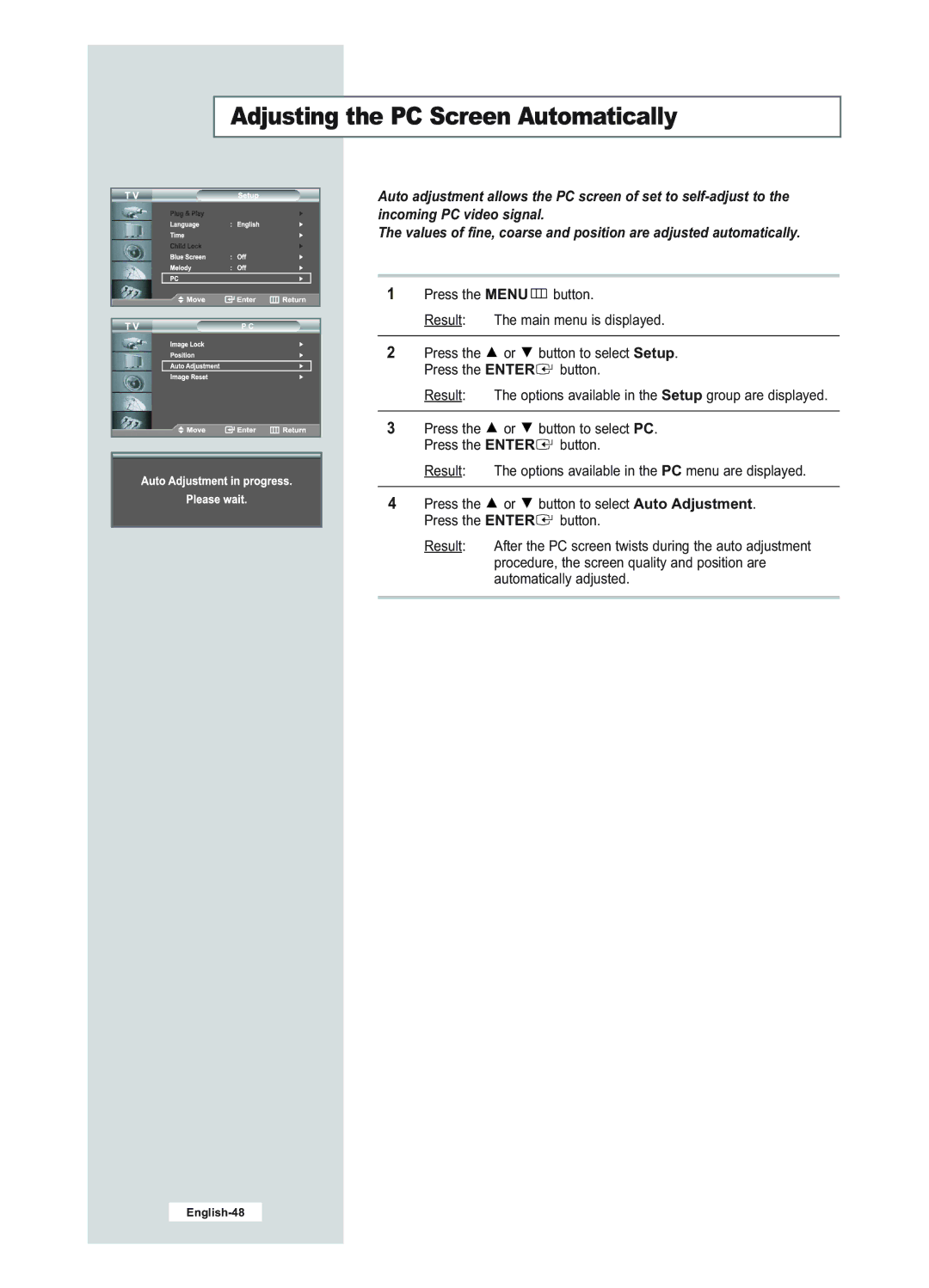 Samsung LE23R51B manual Adjusting the PC Screen Automatically 