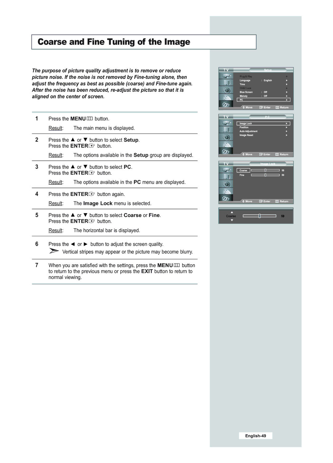 Samsung LE23R51B manual Coarse and Fine Tuning of the Image 