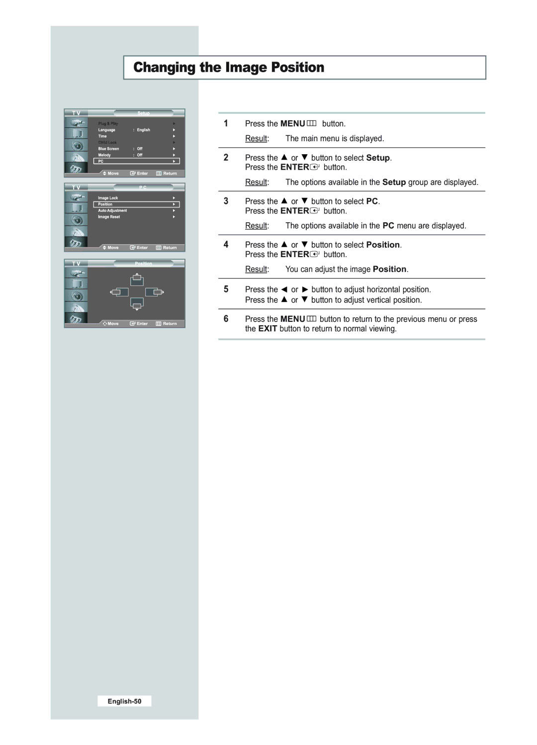 Samsung LE23R51B manual Changing the Image Position 