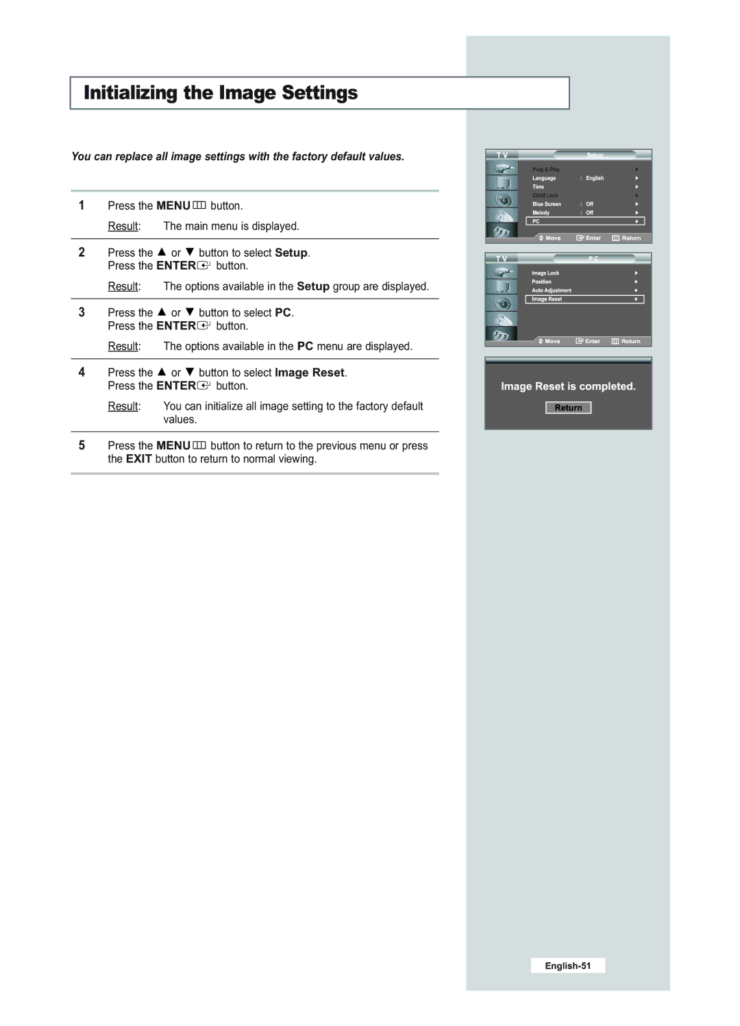 Samsung LE23R51B manual Initializing the Image Settings 