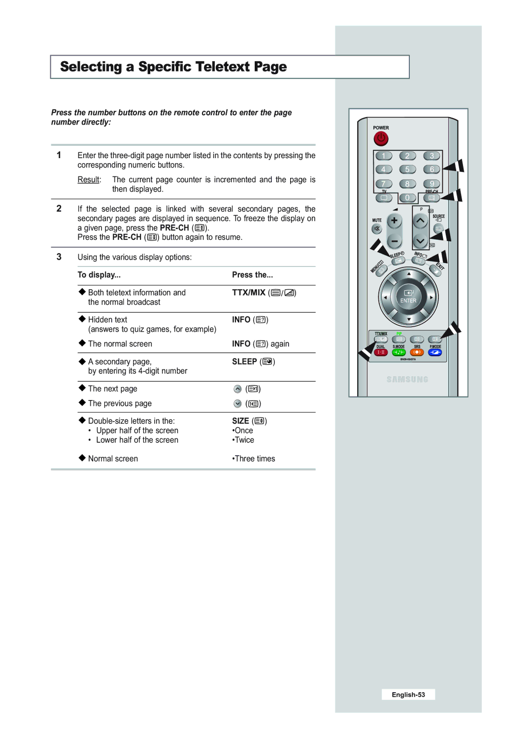 Samsung LE23R51B manual Selecting a Specific Teletext, Ttx/Mix, Info, Sleep, Size 