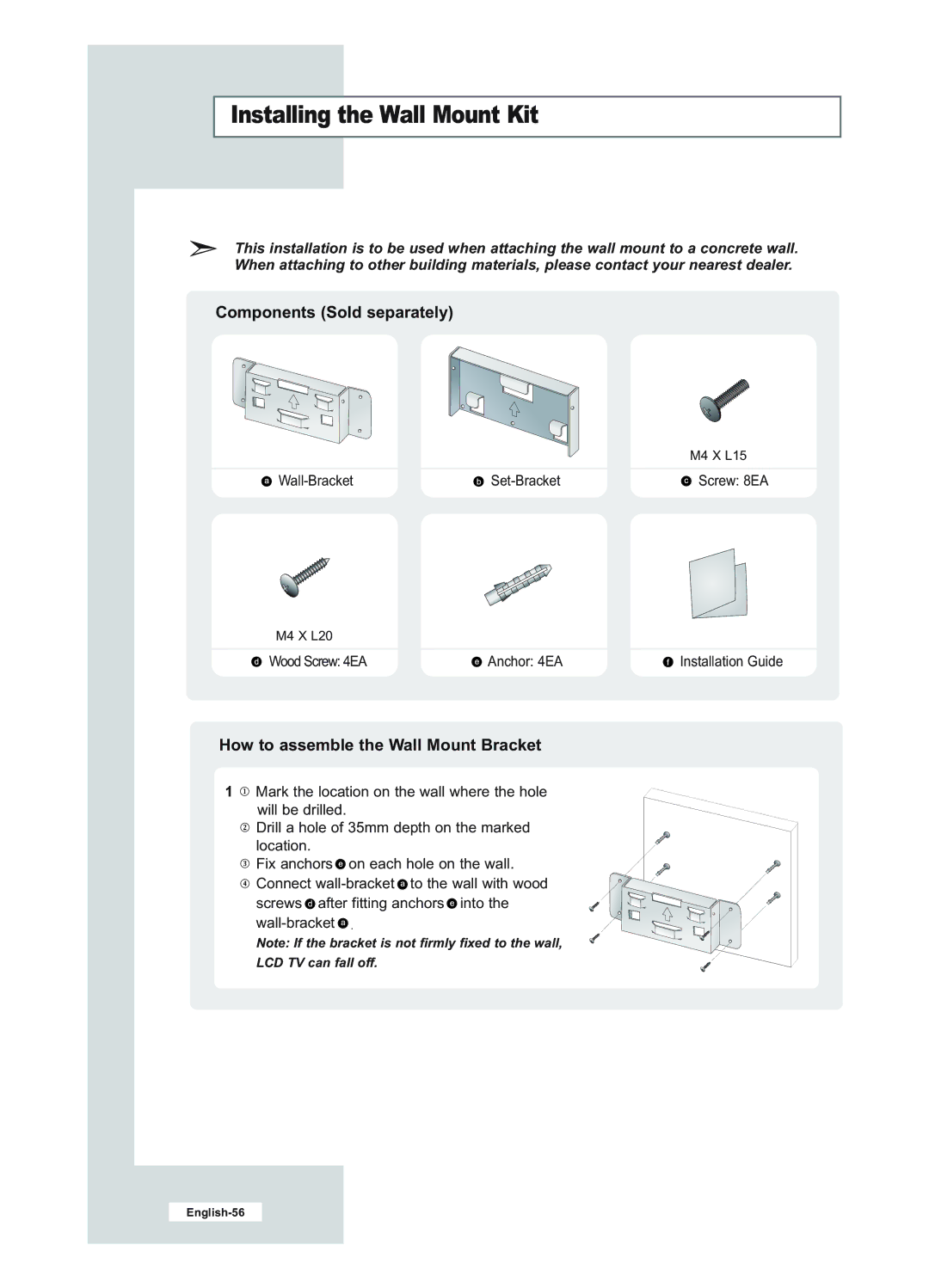 Samsung LE23R51B manual Installing the Wall Mount Kit, Components Sold separately 