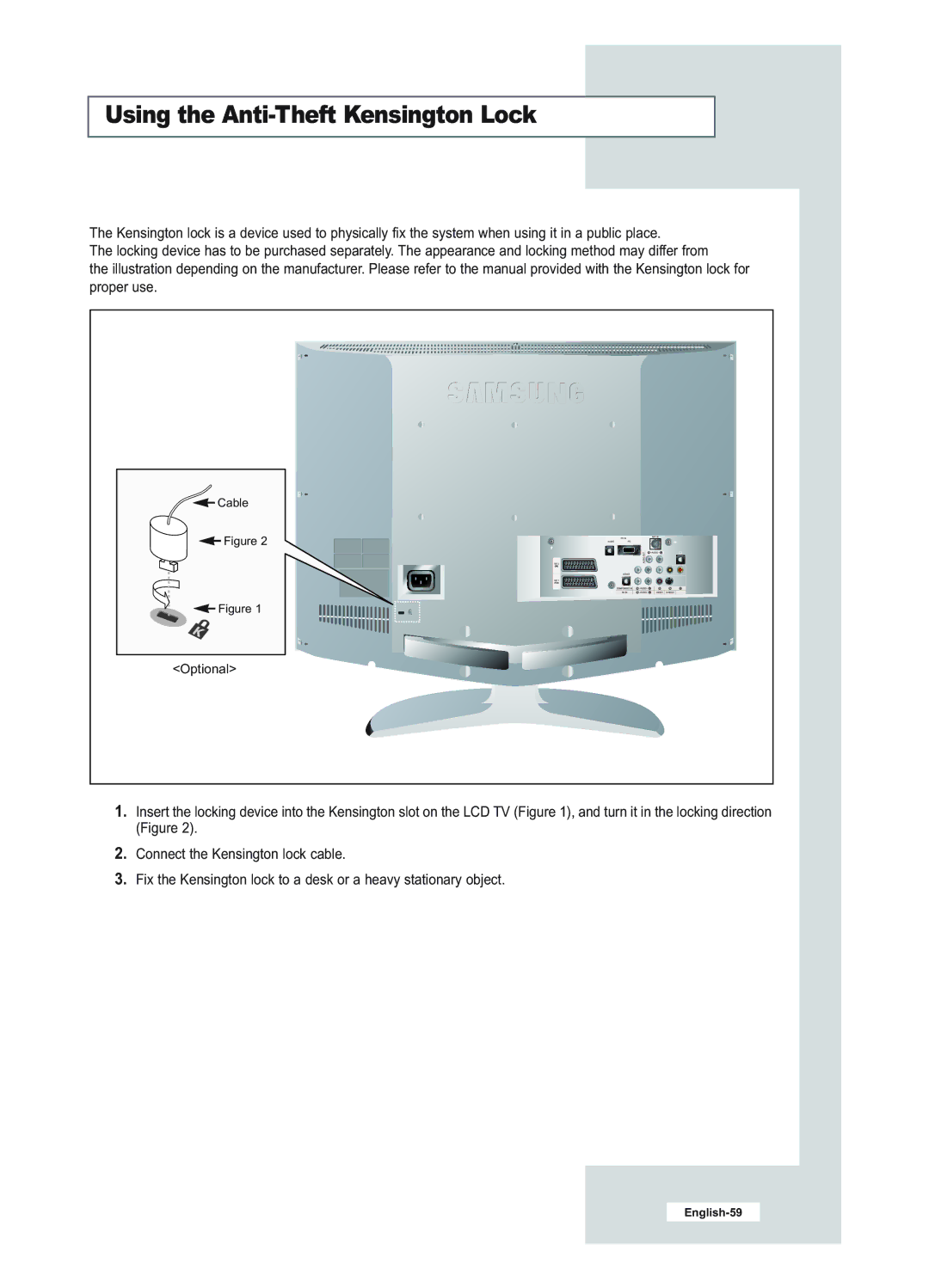 Samsung LE23R51B manual Using the Anti-Theft Kensington Lock 