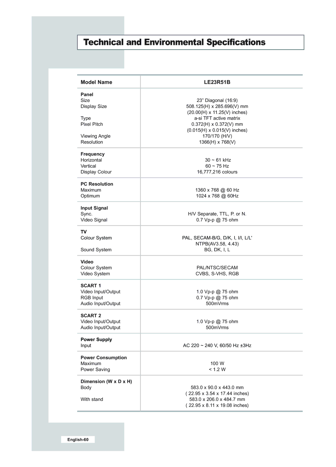 Samsung manual Technical and Environmental Specifications, Model Name LE23R51B 