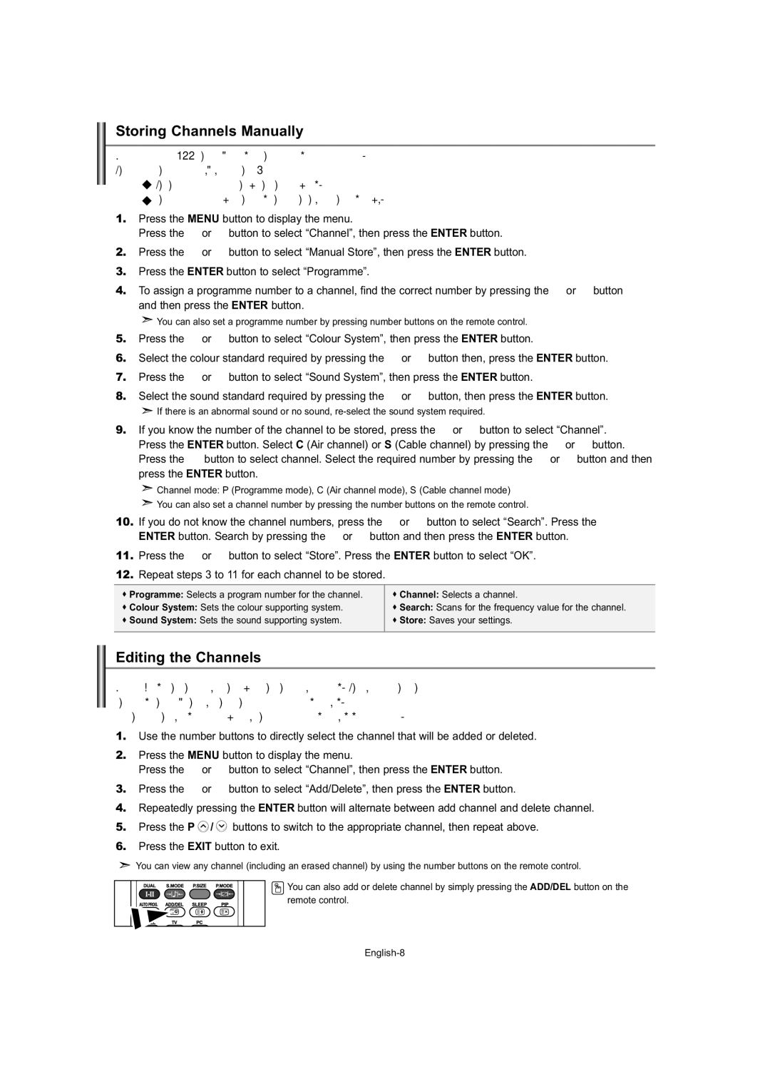 Samsung LE23R7 manual Storing Channels Manually, Editing the Channels, Repeat steps 3 to 11 for each channel to be stored 